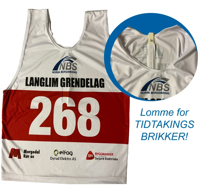 Nummervest med påsydd lomme for tidtakningsbrikke